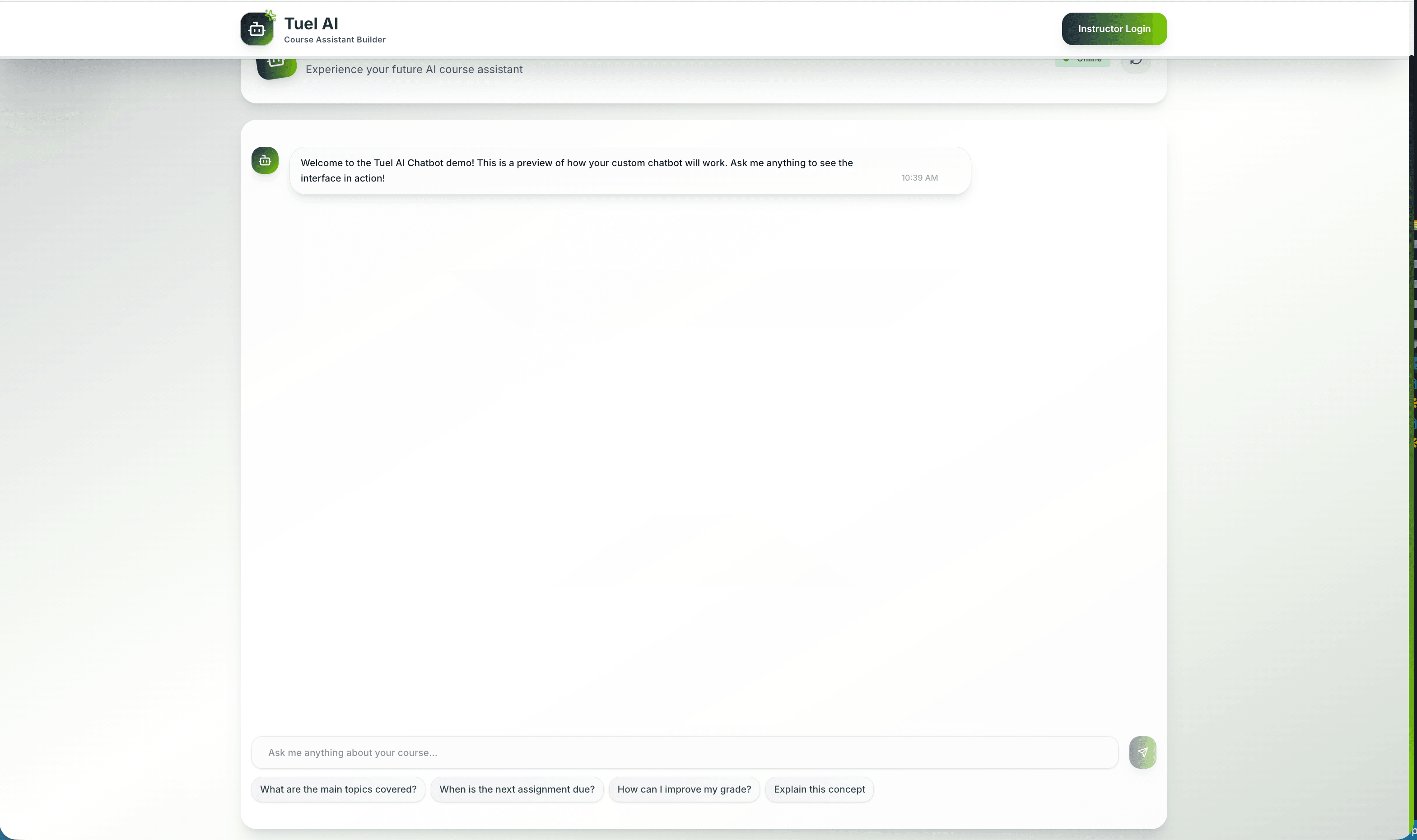 Tuel AI Chatbot conversation interface showing real-time streaming responses, file upload capabilities, and multi-turn dialogue with RAG-powered context