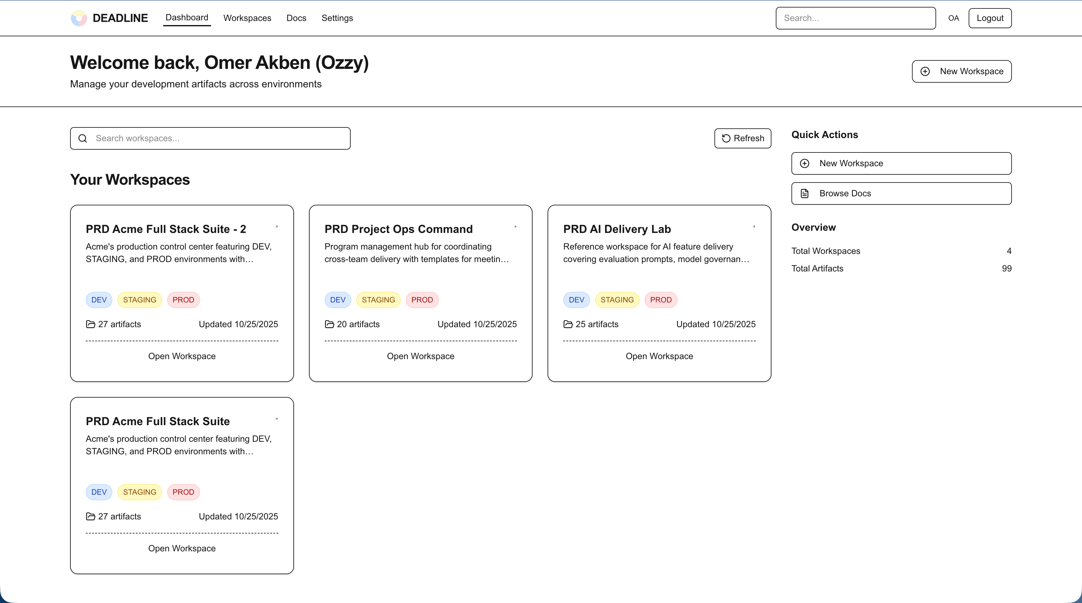DEADLINE dashboard showing workspace overview with artifact counts, environment filters, and recent activity feed